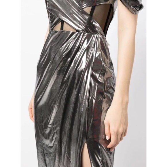 Marchesa Notte Off-Shoulder Gown in Gunmetal Silver - Picture 3 of 10